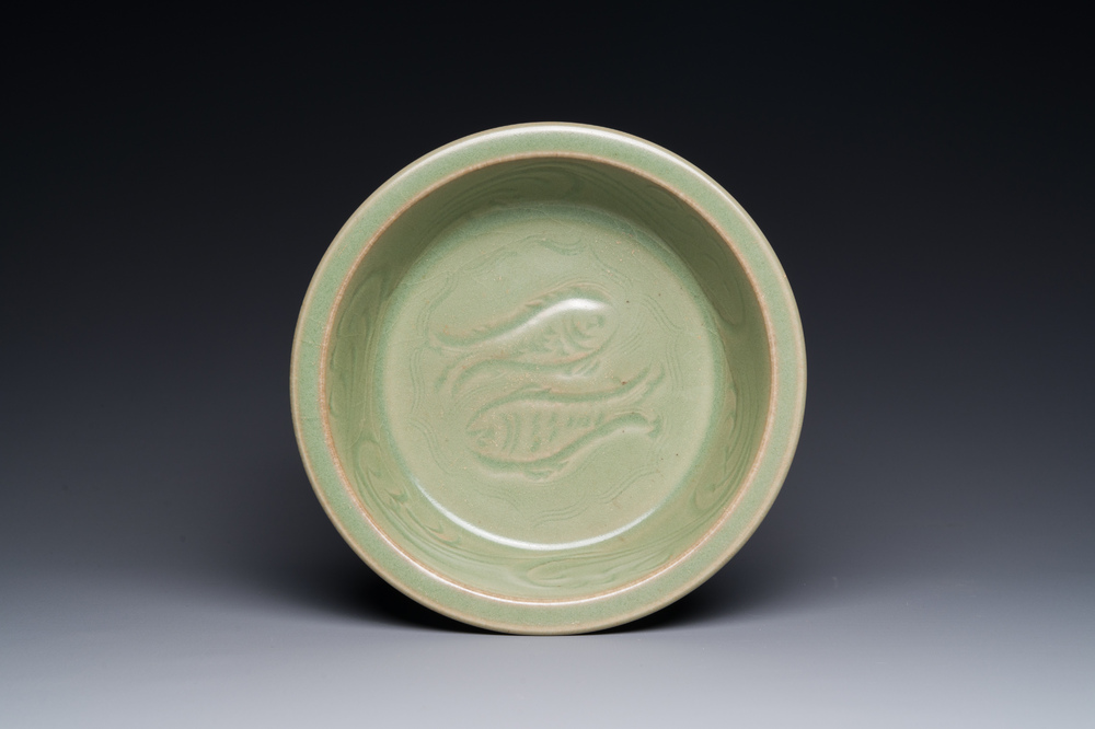 A Chinese Longquan celadon brush washer with anhua fish design, Yuan/Ming