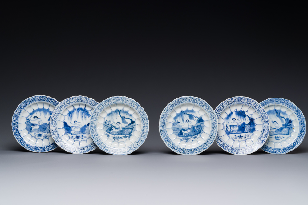Six Chinese blue and white 'acupuncture' saucers, Kangxi