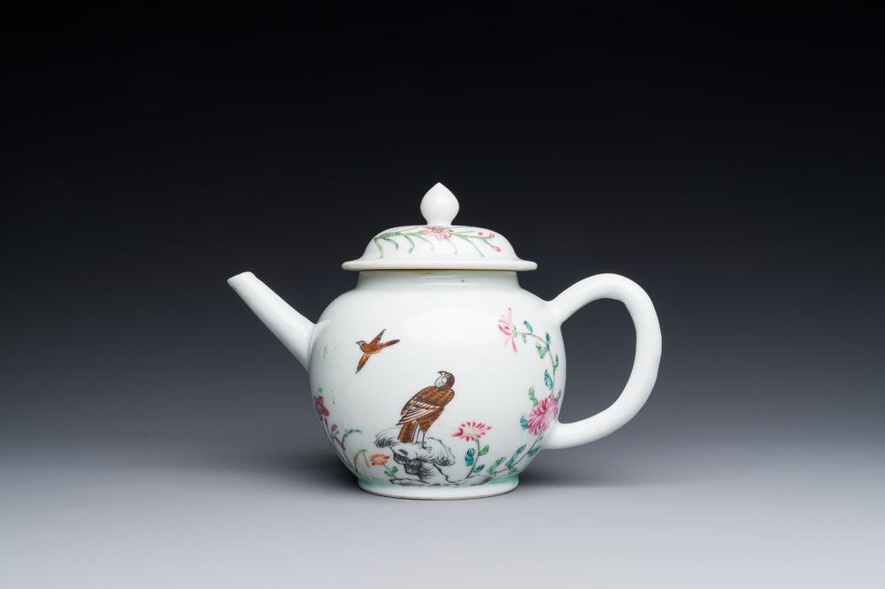 A Chinese famille rose &lsquo;falcon&rsquo; teapot, Yongzheng