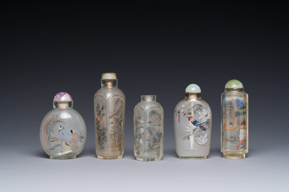 Five Chinese inside-painted glass snuff bottles, 20th C.