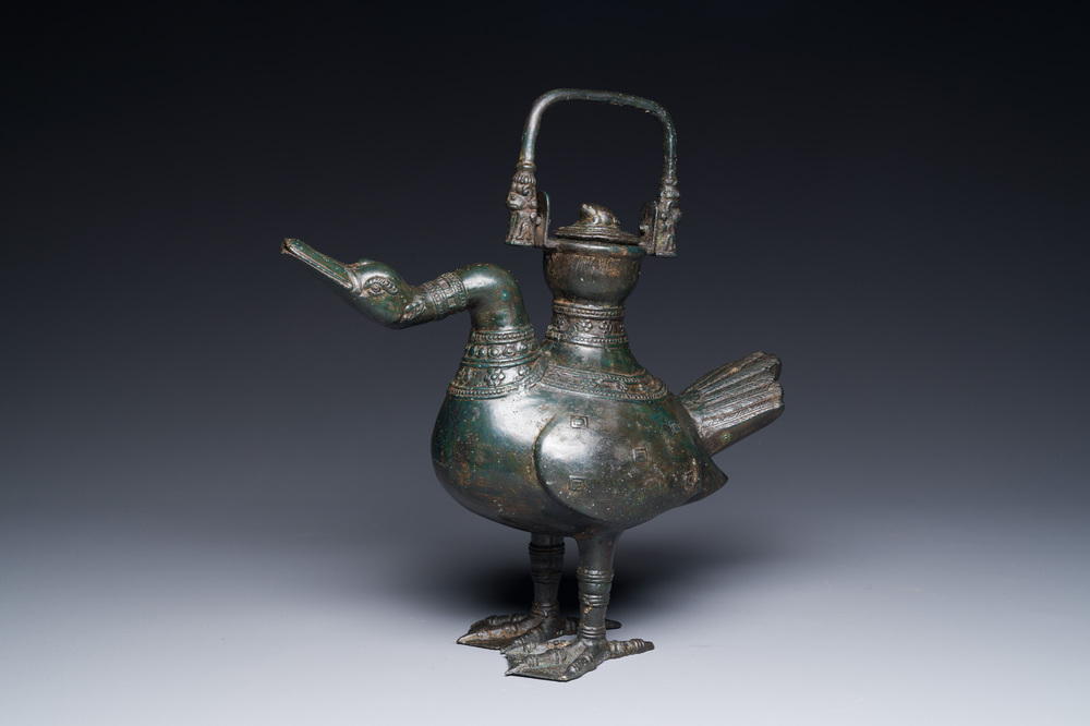 A Chinese archaistic bronze wine vessel in the shape of a goose, Song