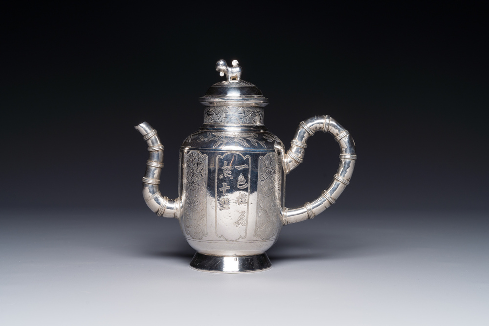 A Chinese silver wine ewer with inscription for the Straits or Peranakan market, 19th C.