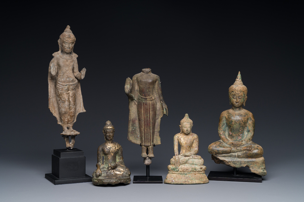 A group of five bronze figures of Buddha, Thailand and Indonesia, 8/17th C.