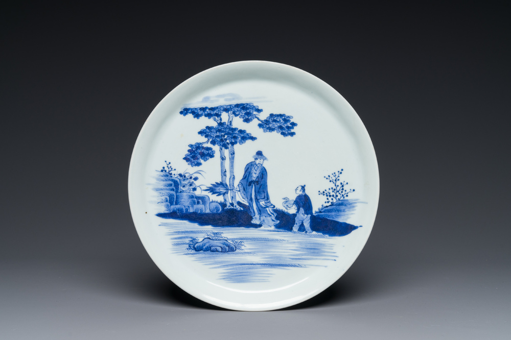 A Chinese blue and white 'Wang Xizhi 王羲之' dish, Yongzheng