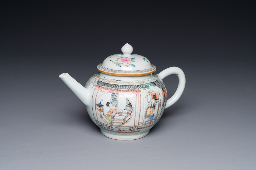 A Chinese famille rose teapot with court ladies and children, Yongzheng
