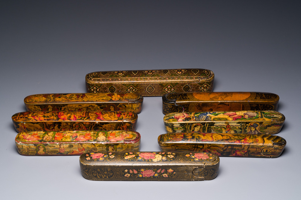A collection of eight lacquered papier-mach&eacute; pen boxes or qalamdans, Qajar, Persia, 19th C.