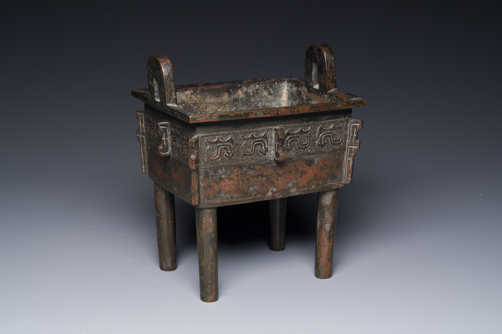 A Chinese Western Zhou-style rectangular bronze 'fangding' censer, Ming