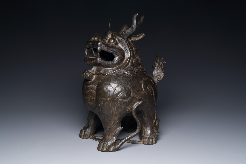 A large Chinese bronze censer and cover in the shape of a luduan, Ming