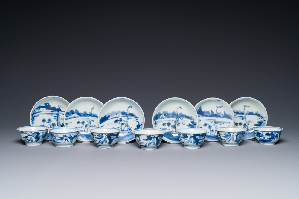 Seven Chinese blue and white cups and six saucers, Transitional period/early Kangxi