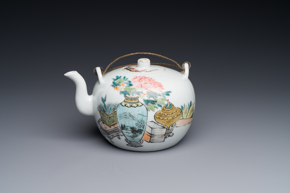 A Chinese qianjiang cai 'antiquities' teapot, Xu Pinheng 許品衡 signed, Tongzhi mark, dated 1889