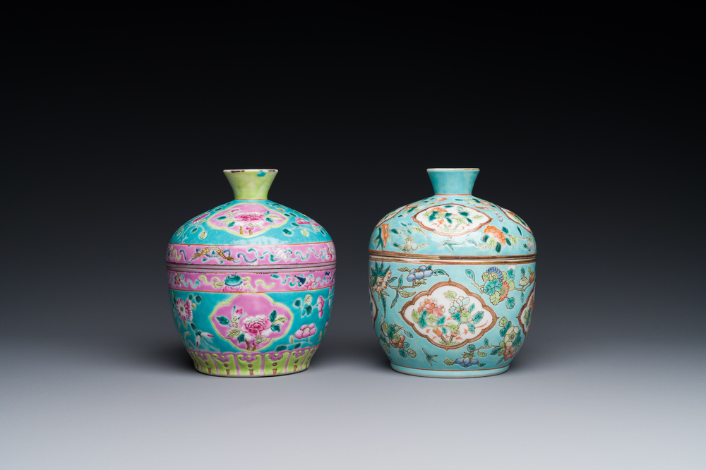 Two Chinese famille rose 'chupu' bowls and covers for the Straits or Peranakan market, Guangxu mark and of the period