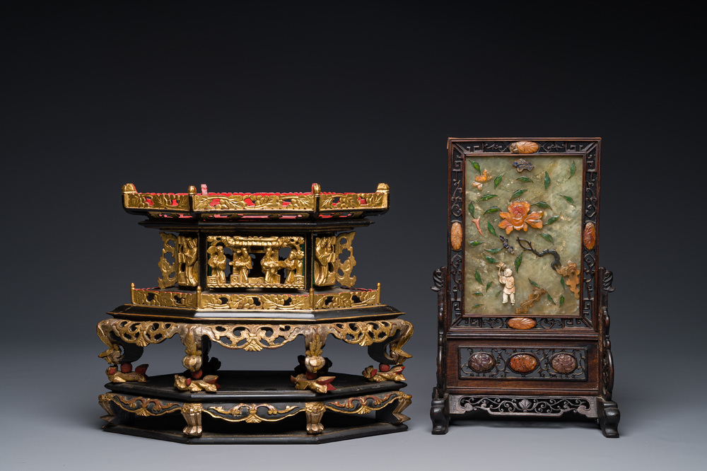 A Chinese wooden table screen with precious stones and an altar piece or 'chanab' for the Straits or Peranakan market, 19/20th C.