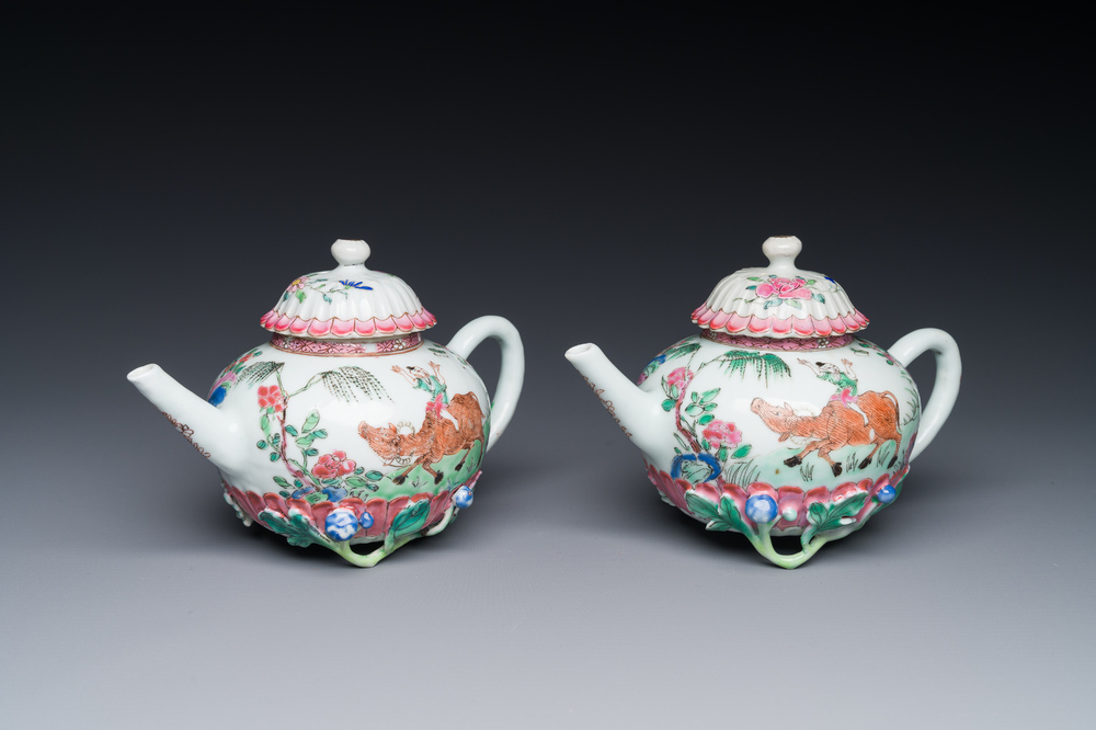 A pair of Chinese famille rose 'boy and buffalo' teapots, Yongzheng