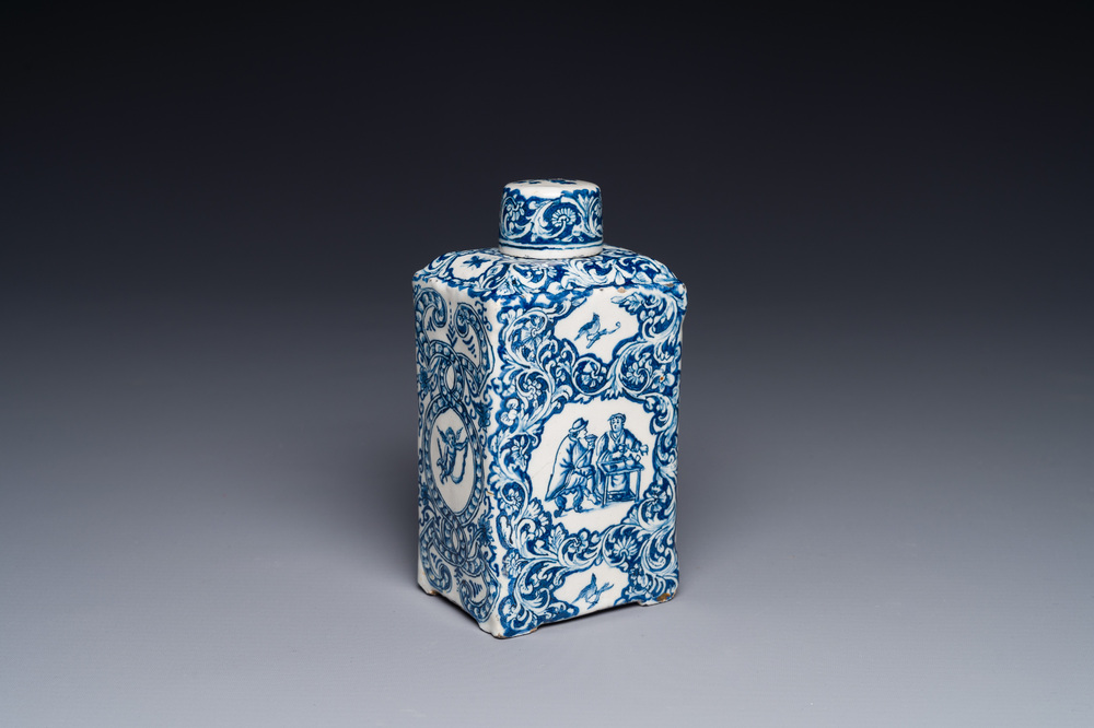 A rectangular Dutch Delft blue and white teacaddy and cover, 18th C.