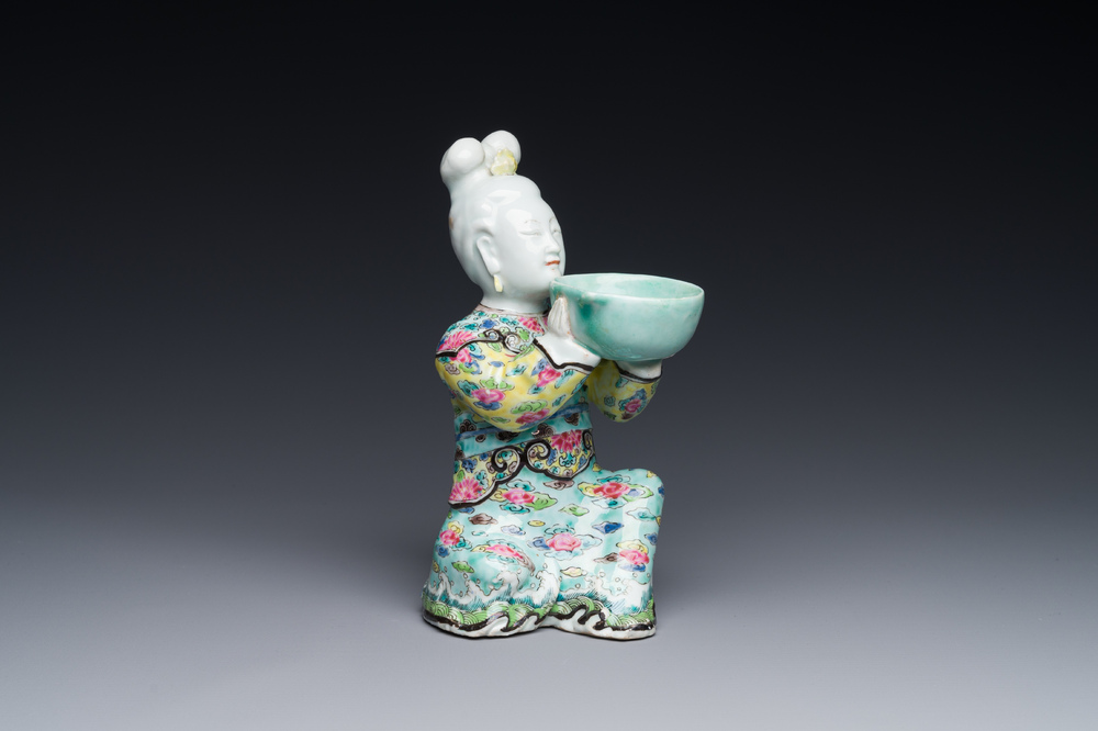 A Chinese famille rose figure of a lady with a bowl, Yongzheng