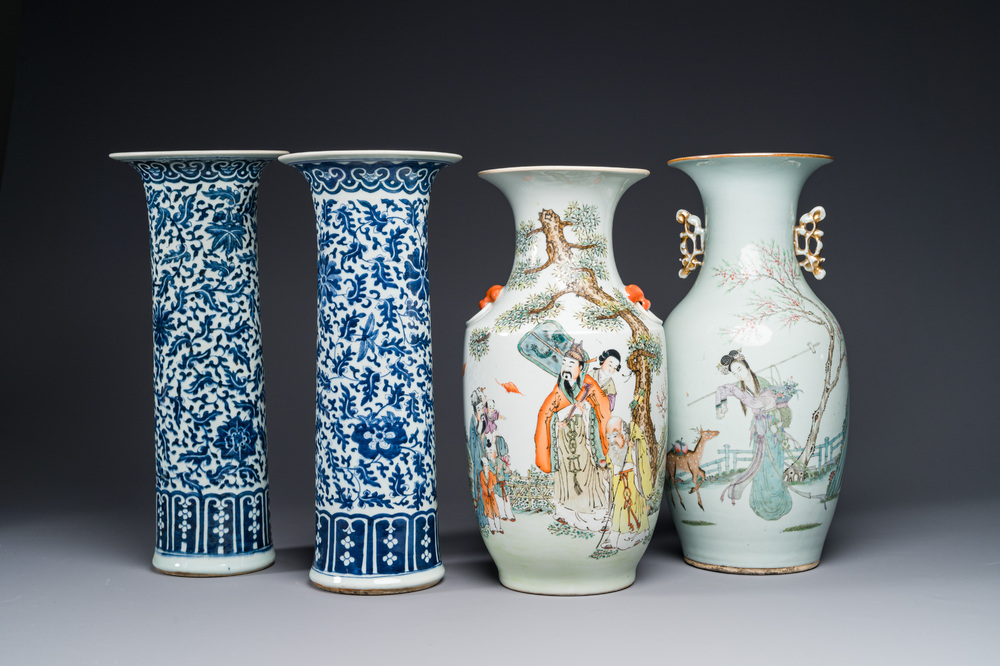 A pair of Chinese blue and white vases and two qianjiang cai vases, 19/20th C.