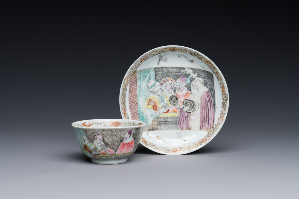 A rare Chinese rose-grisaille cup and saucer after 'Actors of the Com&eacute;die-Francaise' by Watteau, Yongzheng/Qianlong