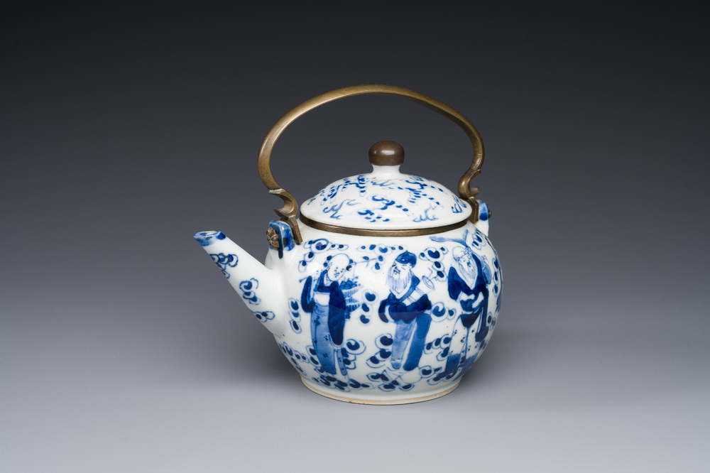 A Chinese blue and white 'Eight Immortals' teapot with bronze mounts for the Thai market, Yong Mao Yuan Ji 永茂源記 mark, 19th C.