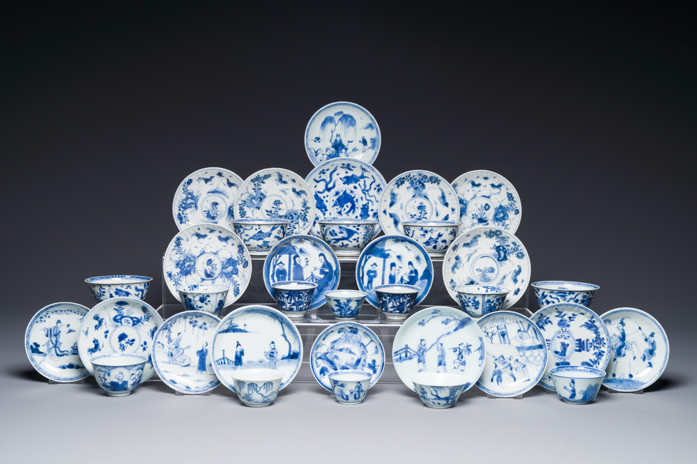 A collection of 15 Chinese blue and white cups and 19 saucers, Kangxi/Yongzheng