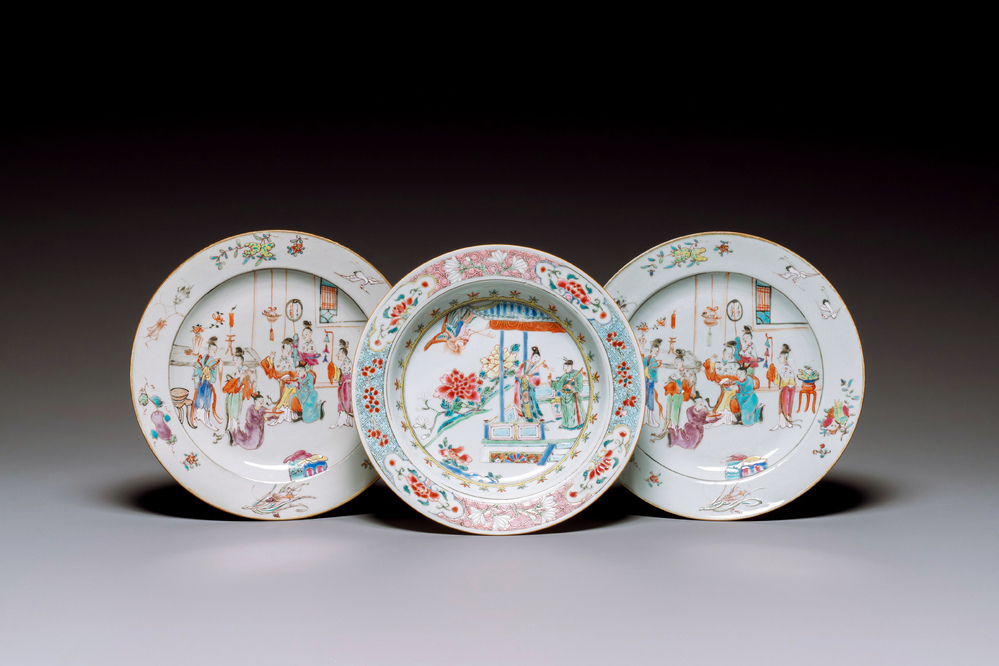 A pair of Chinese famille rose plates with mandarin design and a famille rose 'Xi Xiang Ji' plate, Yongzheng/Qianlong
