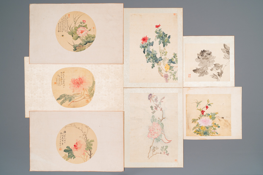 Ecole chinoise : Sept &oelig;uvres avec des insectes et des pivoines, encre et couleur sur soie, 19/20&egrave;me