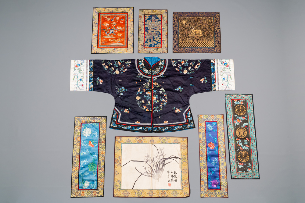 A group of eight pieces of Chinese embroidered silk, 19/20th C.