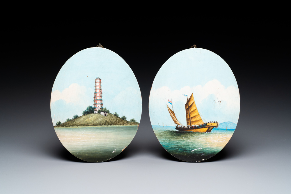 Chinese Canton school: 'Whampoa Pagoda' and 'Trading Junk South China', gouache on panel, 19th C.