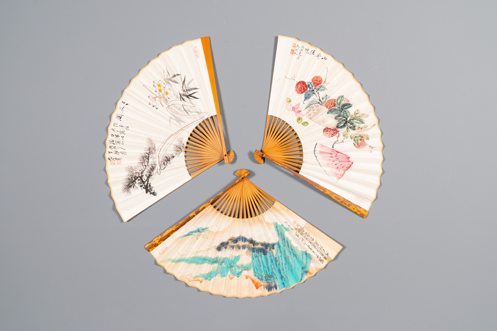 Three folding fans, follower of Zhang Daqian 張大千 (1899-1983) and Wu Hufang 吴湖帆 (1894-1968), ink and colour on paper