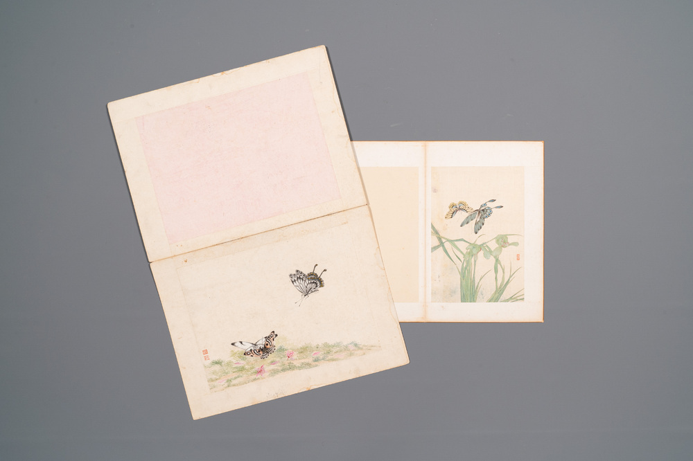 Chinese school: Two parts of an album with four drawings and a calligraphy, Lisheng 笠生 seal mark, 19/20th C.