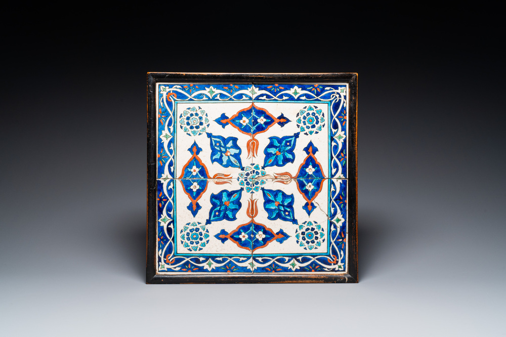 Four Iznik-style tiles with stylized floral design, Kutahya, Turkey, 19th C.
