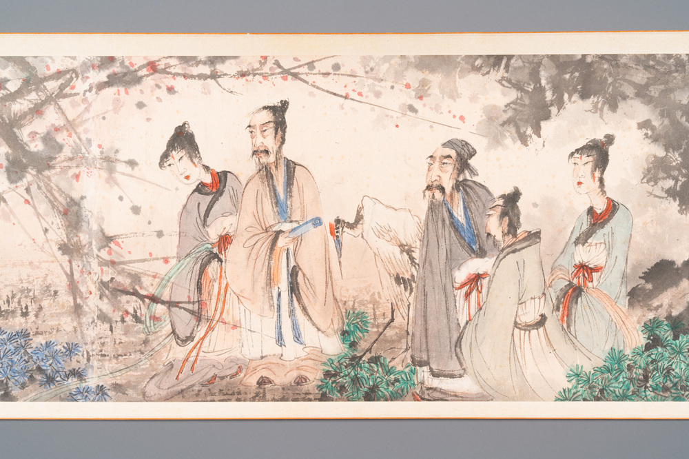 Fu Baoshi 傅抱石 (1904-1965): 'Rassemblement des lettr&eacute;s', encre et couleur sur papier, dat&eacute;e 1943