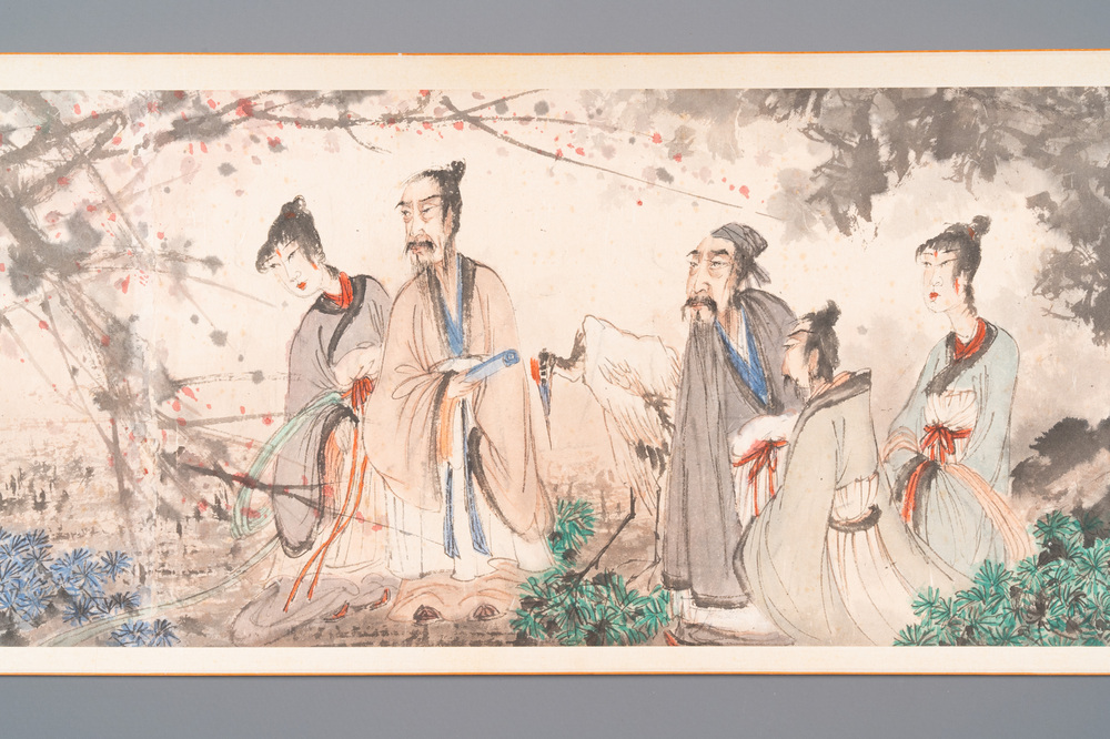 Fu Baoshi 傅抱石 (1904-1965): 'literati gathering', ink and colour on paper, dated 1943