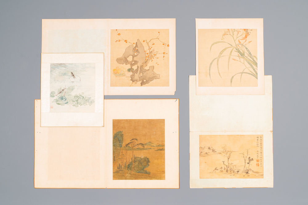 Chinese school: Five various works with landscapes and flowers, ink and colours on silk, signed Zizhou 子帚, 19/20th C.