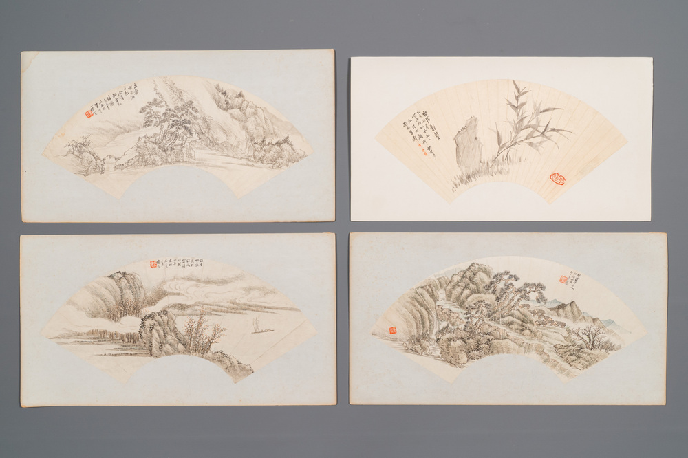 Ecole chinoise: Quatre peintures en forme d'&eacute;ventail, encre et couleur sur papier, sign&eacute; Bosheng 博生, 19/20&egrave;me