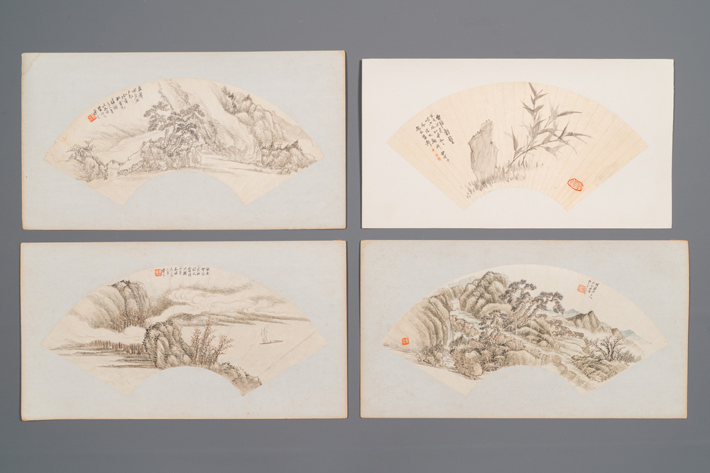 Chinese school: Four fan-shaped paintings, ink and colour on paper, signed Bosheng 博生, 19/20th C.