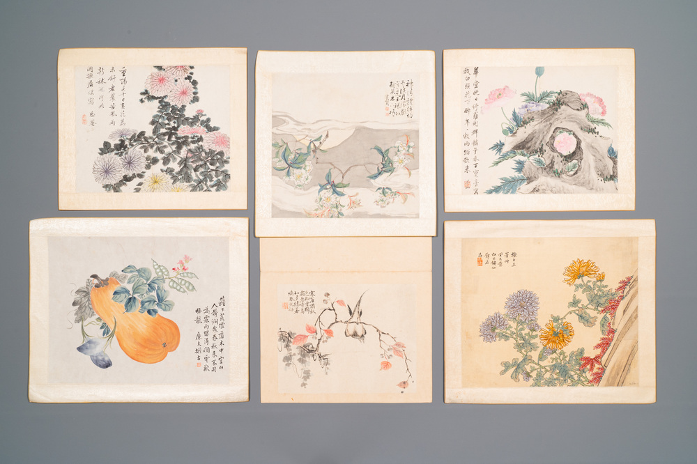 Chinese school: Six works with birds, flowers and fruits, ink and colour on paper, 19/20th C.