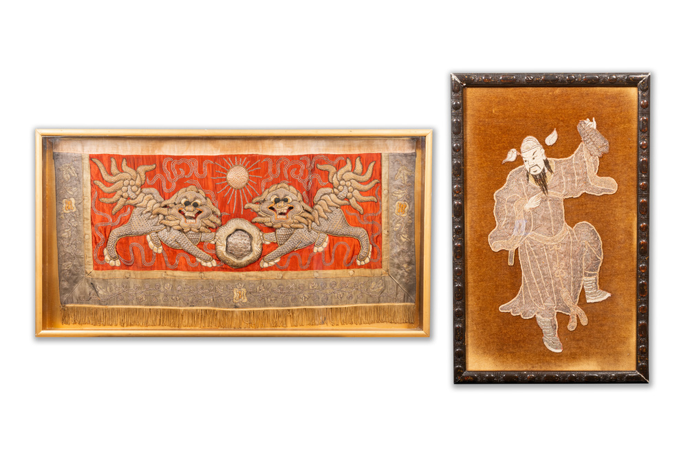 Two Chinese gold and silver-thread-embroidered silk cloths with lions and Guandi, 19th C.