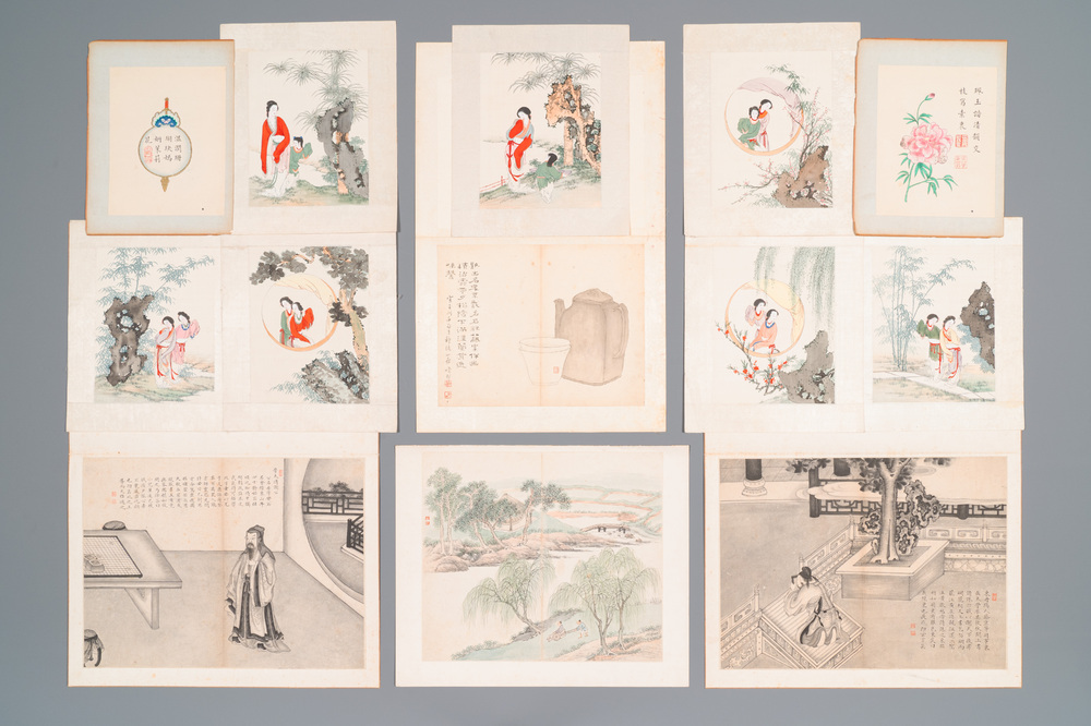 Ecole chinoise: Treize oeuvres diverses, encre et couleur sur papier et soie, sign&eacute;es Xiaocun 晓邨 et Futing 富廷, 19/20&egrave;me