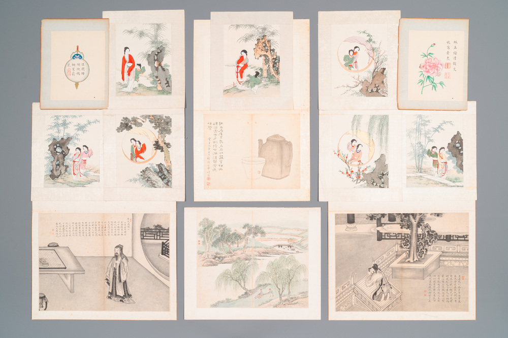 Chinese school: Thirteen various works, ink and colour on paper and silk, signed Xiaocun 晓邨 and Futing 富廷, 19/20th C.