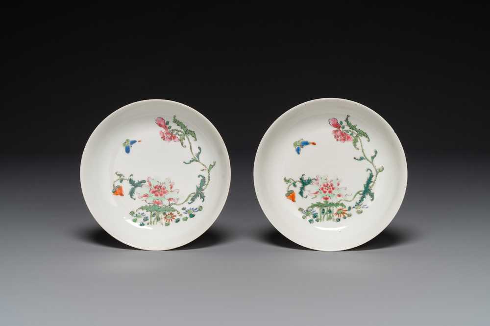 A pair of Chinese famille rose 'peony and butterfly' plates, Yongzheng/Qianlong