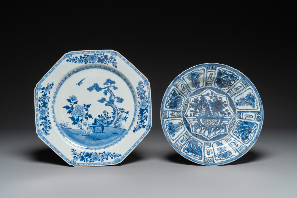 Een Chinese blauw-witte schotel en een octagonale 'Drie Vrienden van de Winter' schotel, Wanli en Qianlong