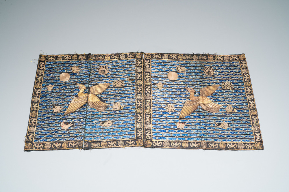 A pair of Chinese gold-thread-embroidered silk 'rank badges' with wild geese, 19th C.