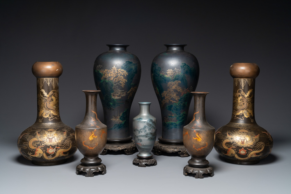 Seven Chinese Foochow or Fuzhou lacquerware vases, various marks, 19/20th C.