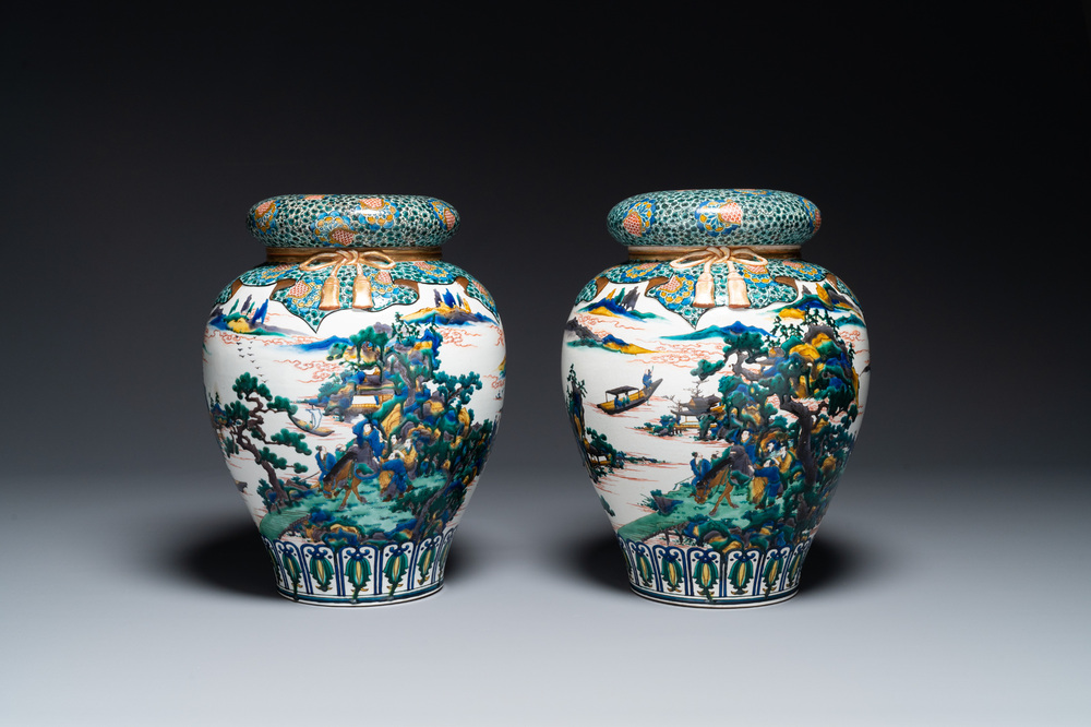 A pair of Japanese Kutani covered vases with landscape design, Meiji, 19th C.