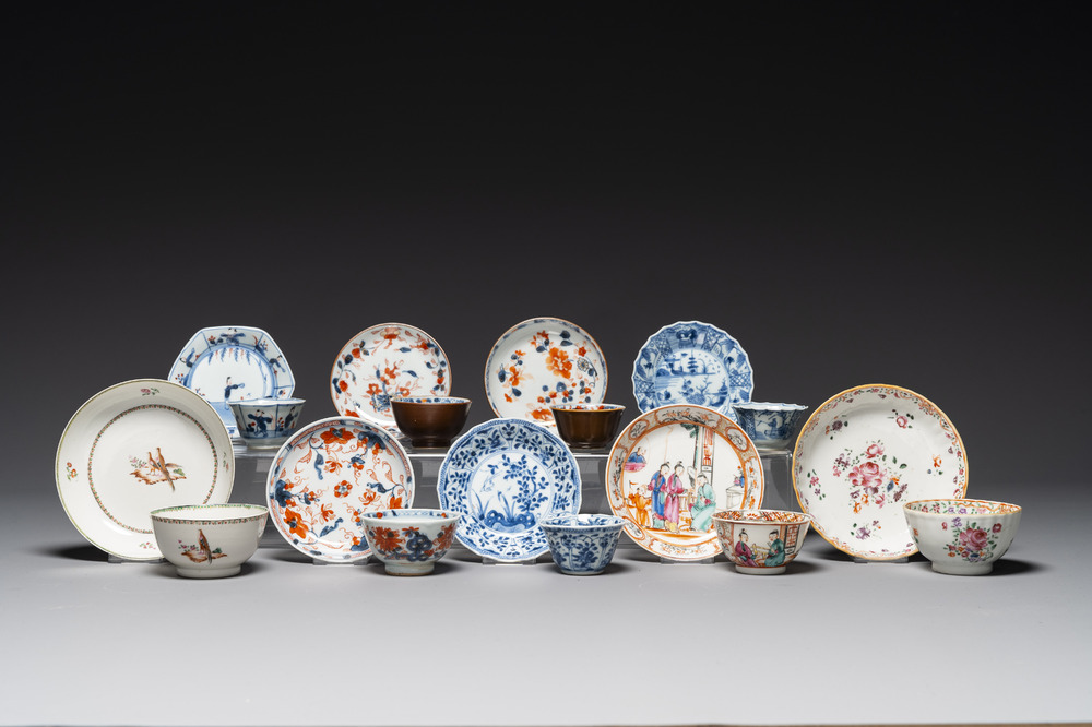 Nine Chinese blue and white, famille rose and Imari-style cups and saucers, Kangxi/Qianlong