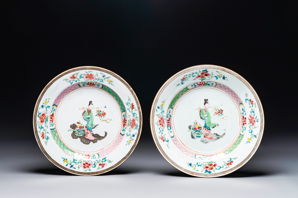 A pair of Chinese famille rose 'Lan Caihe' plates, Yongzheng