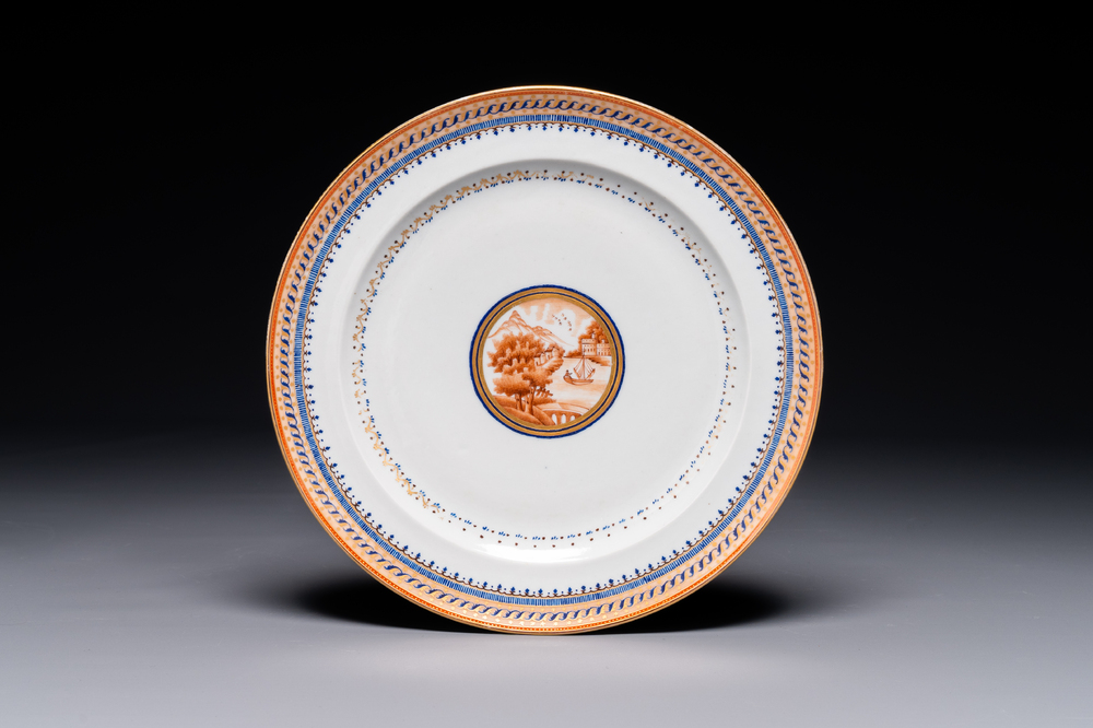 A Chinese blue-and-orange-enameled plate with a harbor view, Jiaqing