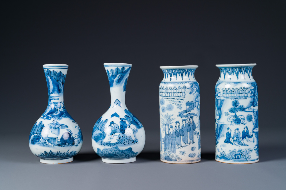 Two pairs of Japanese blue and white vases with figures in a landscape, Edo, 17th C.