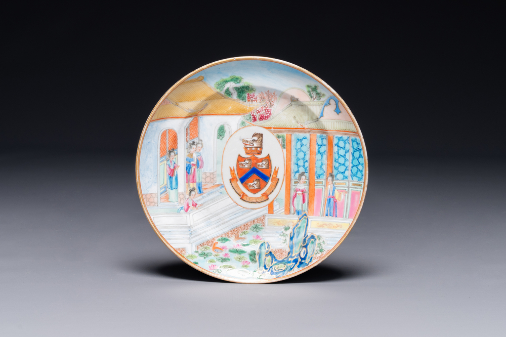 A rare Chinese Canton famille rose plate with the arms of Wight or Bradley, 19th C.