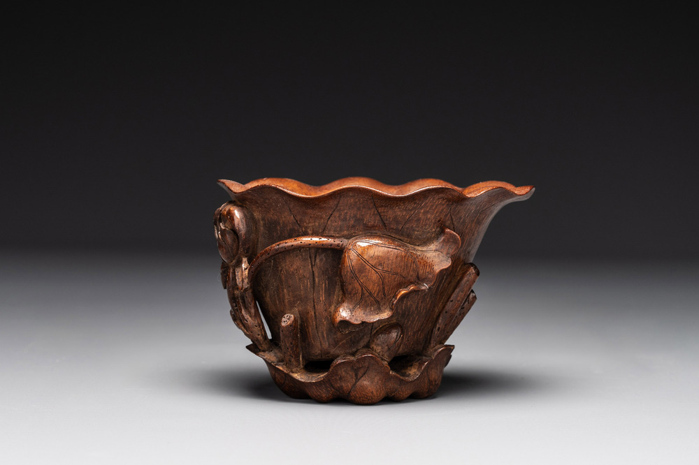 A Chinese carved bamboo 'lotus' libation cup, 17/18th C.